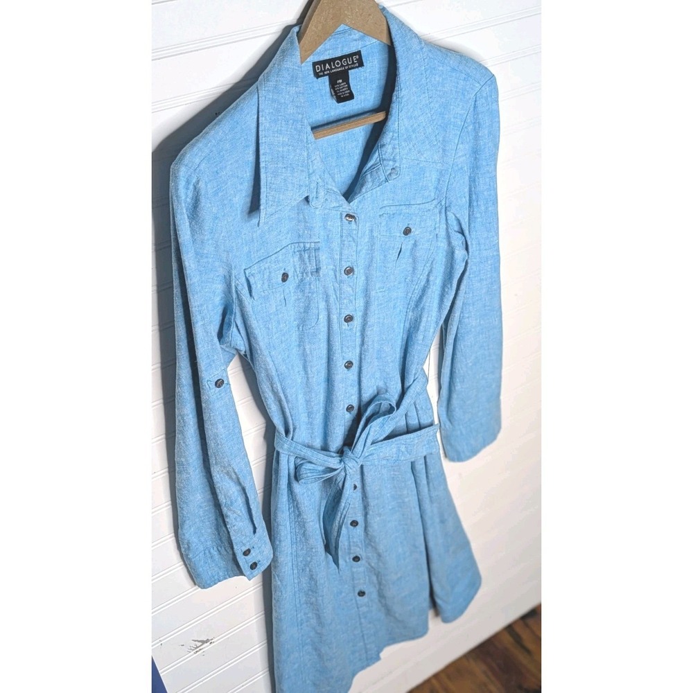 Dialogue Women's Shirt Dress Petite Medium PM Blue Long Sleeve Tie Linen Blend - Picture 2 of 9